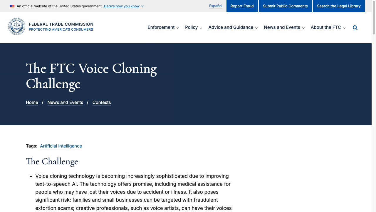 FTC Voice Cloning Challenge page describing risks to families, small businesses, and creative professionals