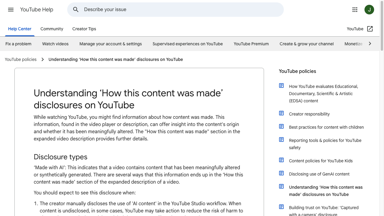 YouTube Help on How this content was made disclosures, including Made with AI labels for altered or synthetic video