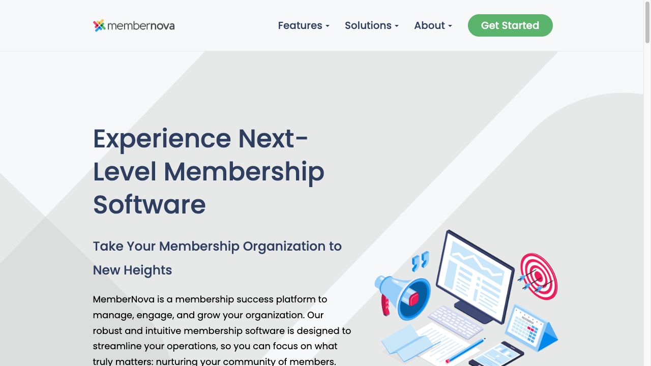 Membernova homepage for membership software used to manage newsletters, events, and member communication
