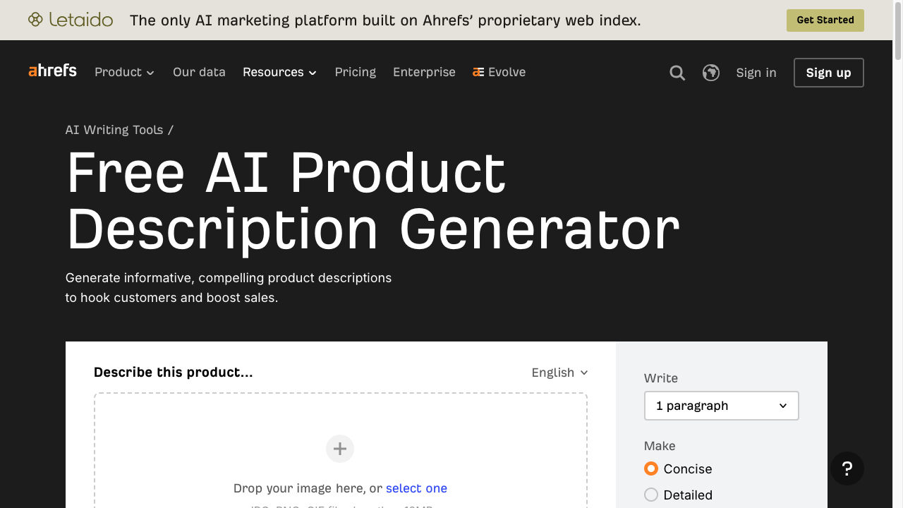 Ahrefs free AI product description generator with image upload, concise or detailed length, and generate controls