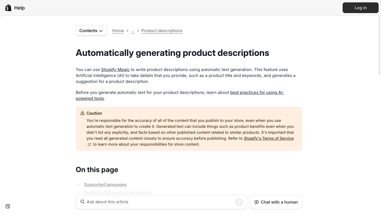 Shopify Magic help article for automatically generating product descriptions from title and keywords