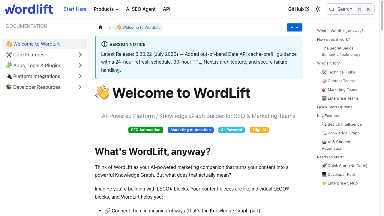 WordLift documentation for its AI-powered knowledge graph platform used in SEO and marketing