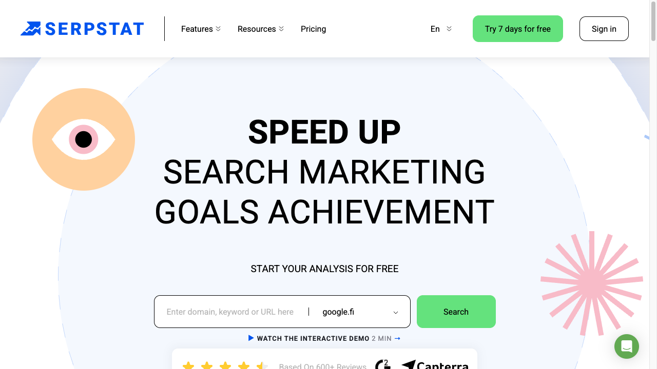 Serpstat homepage with domain and keyword search for SEO research before writing a placement