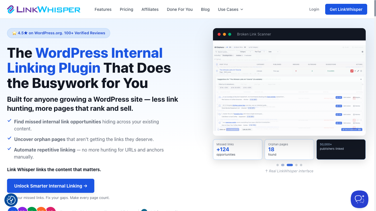 Link Whisper product page showing its WordPress internal linking plugin and a broken-link scanner interface
