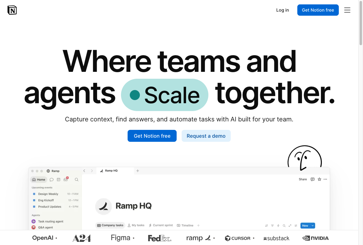 Notion product page showing a team workspace with agents in the sidebar and a prompt to try Notion AI