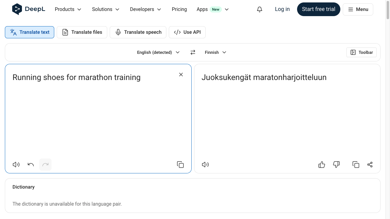 DeepL translator showing an English phrase about running shoes translated into Finnish