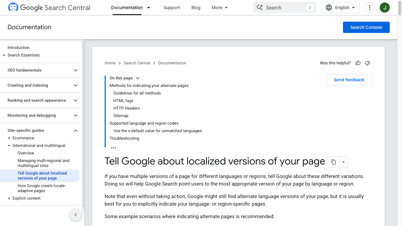 Google Search Central documentation on telling Google about localized versions of a page, including hreflang methods