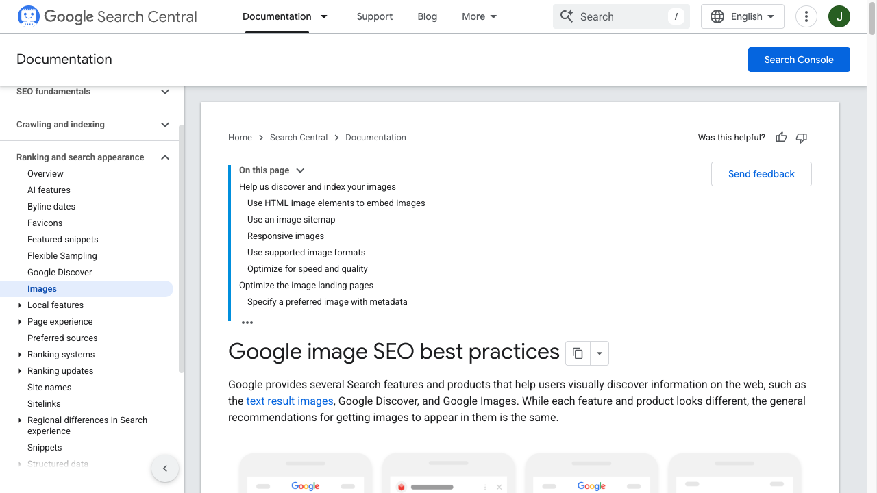 Google Search Central documentation for Google image SEO best practices, including discovery, sitemaps, and landing pages