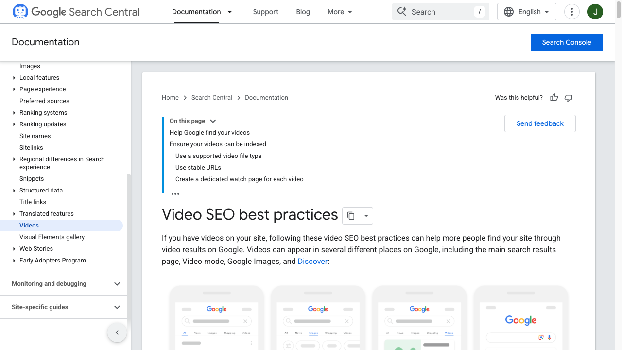 Google Search Central video SEO best practices, including indexable watch pages and how videos appear in Search