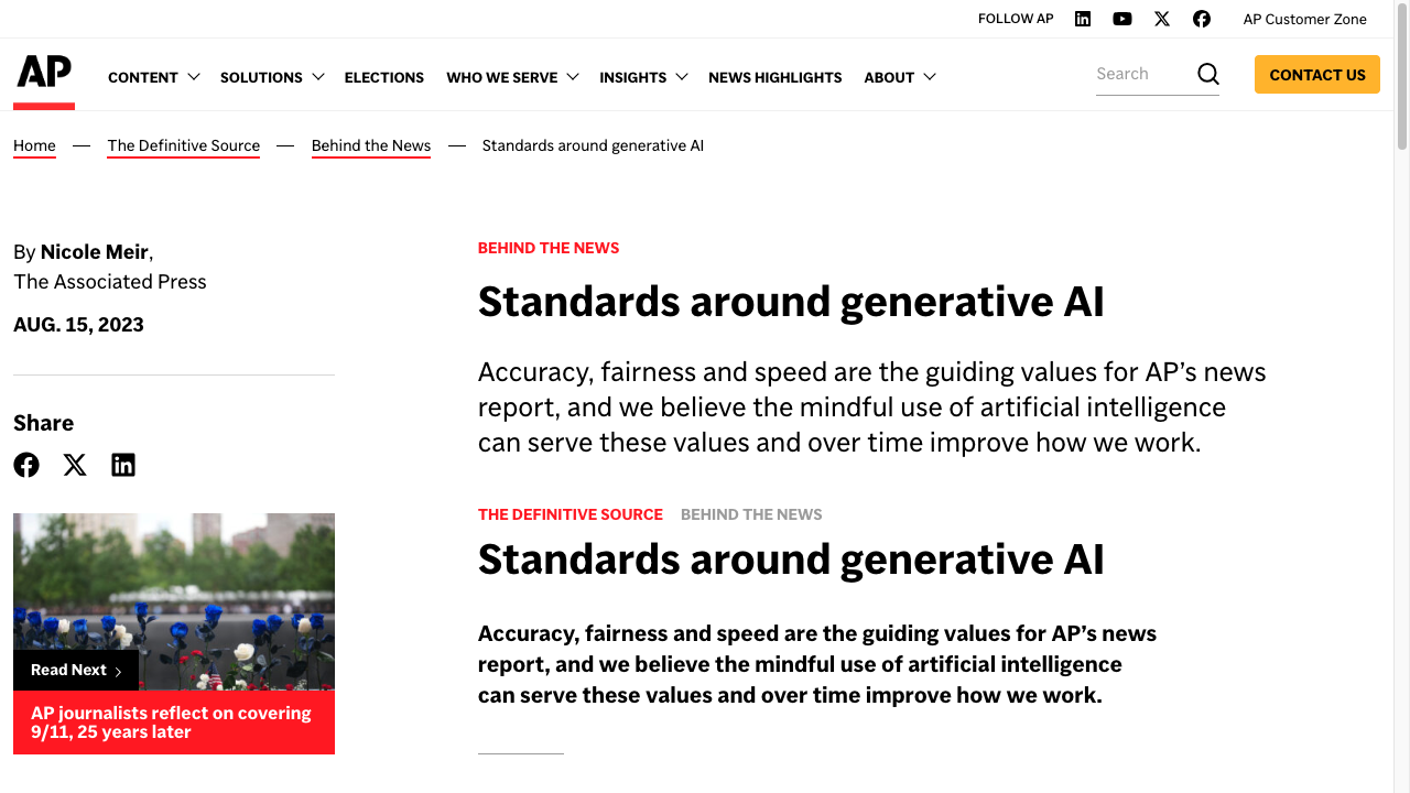 Associated Press standards around generative AI, emphasizing accuracy, fairness, and newsroom ownership of published work