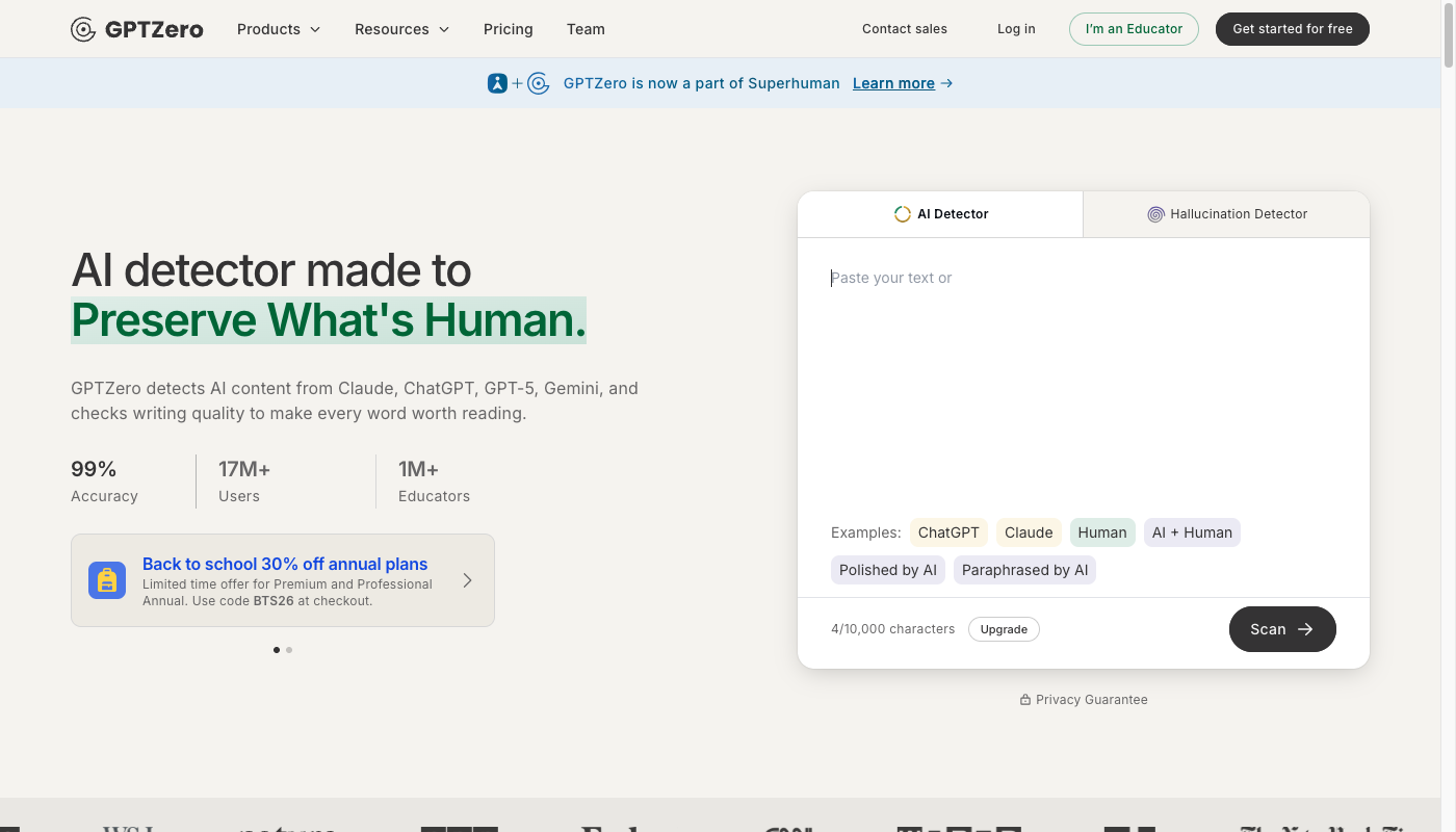 GPTZero public AI detector with a paste box, example chips for ChatGPT and human writing, and a Scan button