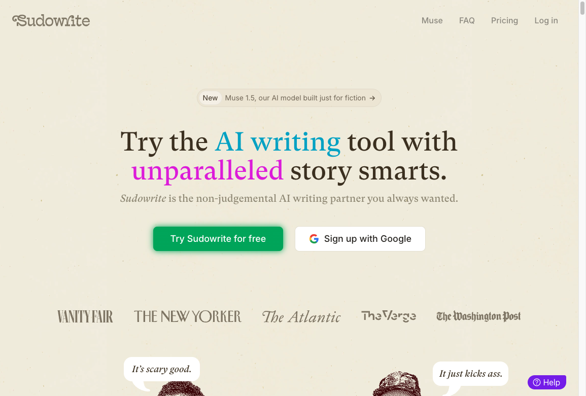 Sudowrite homepage for a fiction-focused AI writing tool, with Muse 1.5 called out and a free-trial button