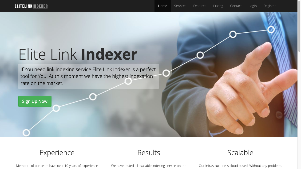 Elite Link Indexer homepage with Sign Up Now, Experience, Results, and Scalable positioning
