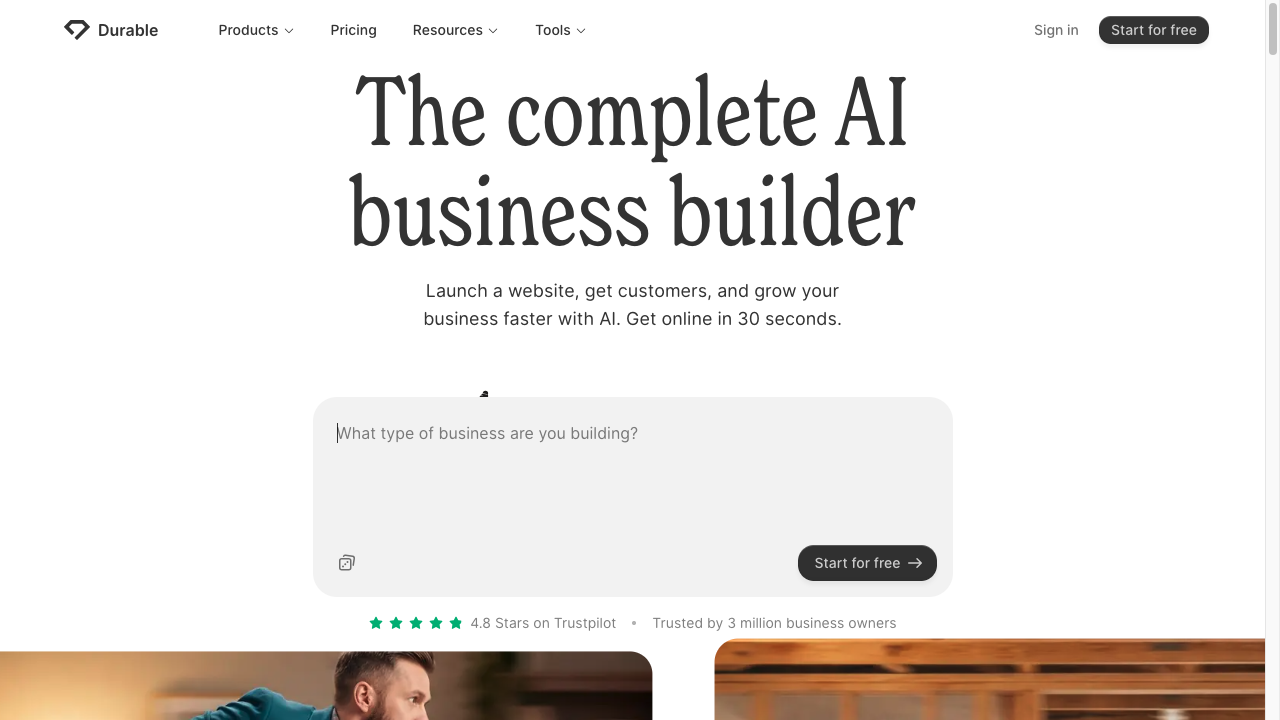 Durable AI business builder homepage with a prompt asking what type of business you are building
