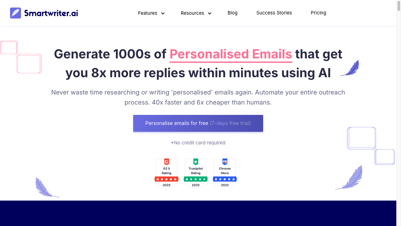 Smartwriter.ai homepage promising personalized AI emails and a free trial for outbound outreach