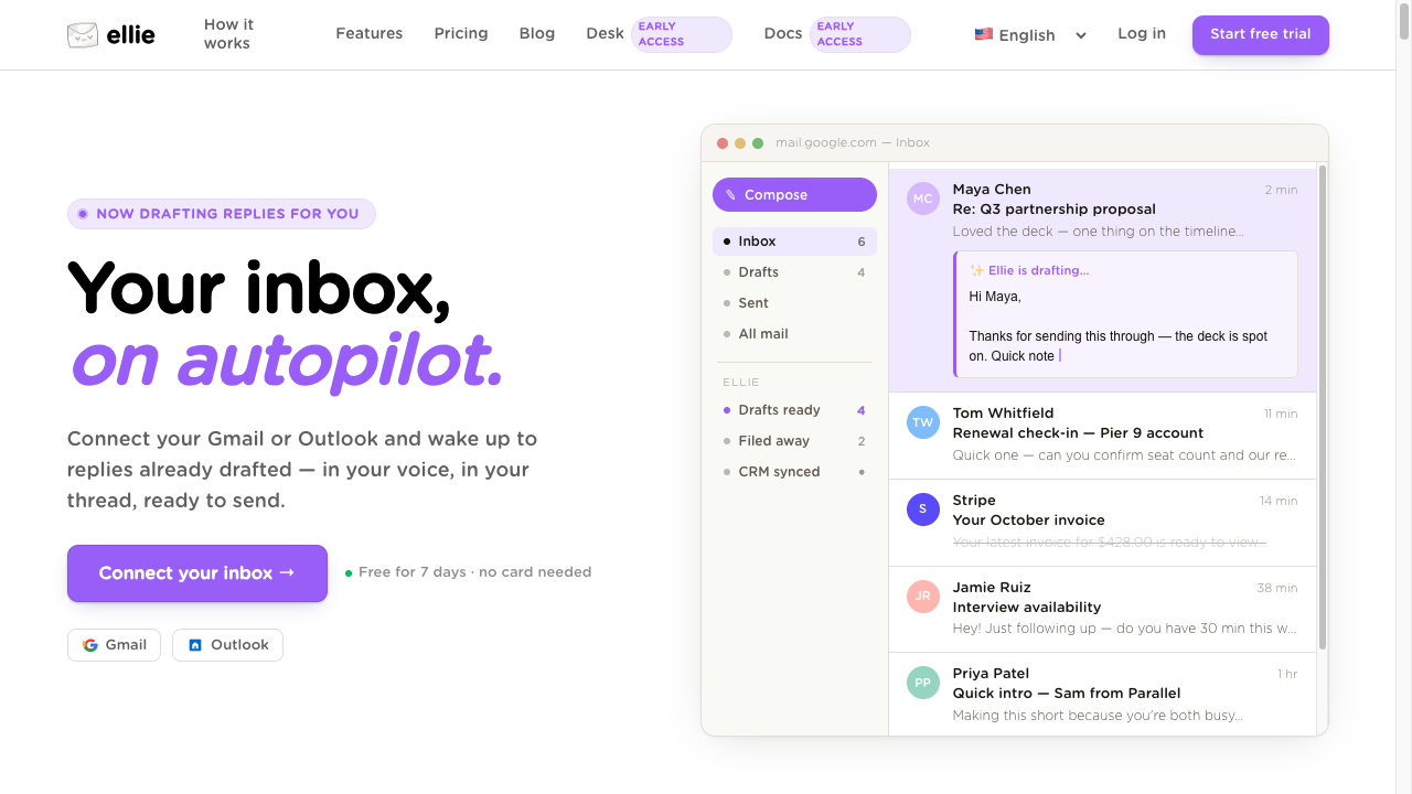 Ellie inbox product showing Gmail-style drafts written in the user's voice for everyday replies