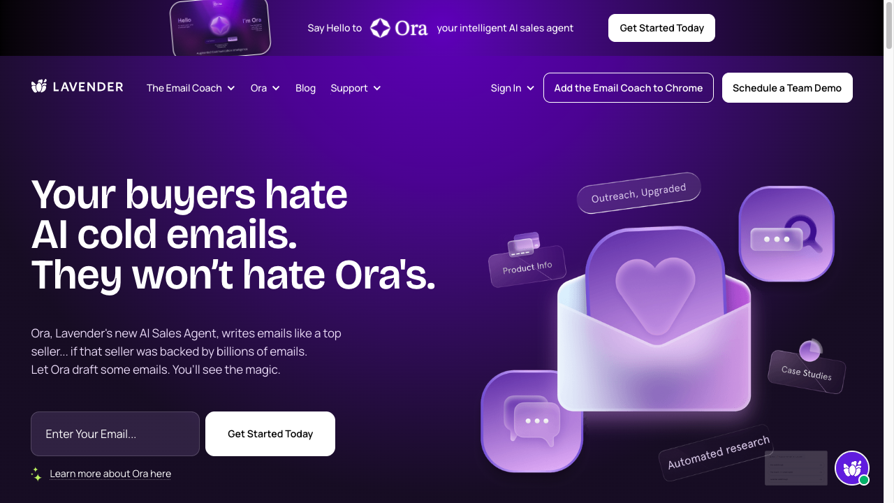 Lavender homepage for its AI email coach, with outreach scoring ideas and an Email Coach for Chrome call to action