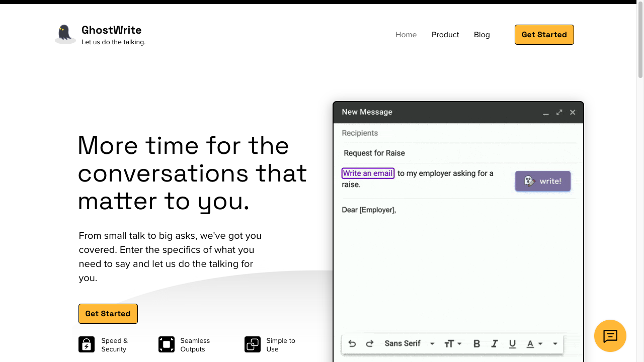 GhostWrite homepage with a compose window and a write button for drafting a specific email request