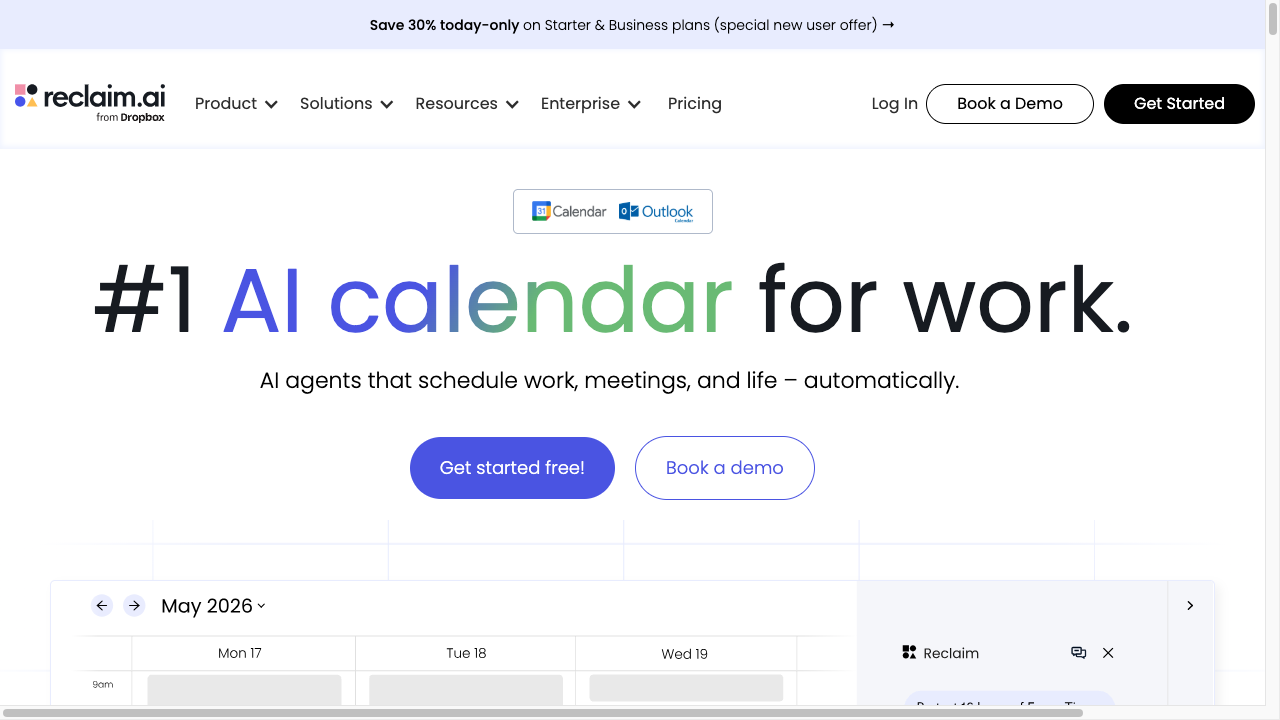 Reclaim.ai homepage for an AI calendar that schedules work, meetings, and focus time around Google Calendar and Outlook