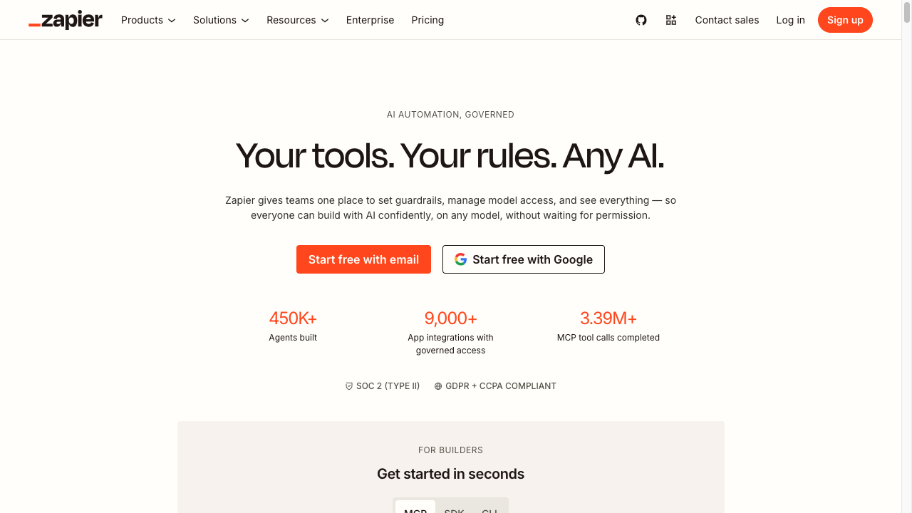 Zapier homepage for governed AI automation, with email and Google signup and app-integration stats