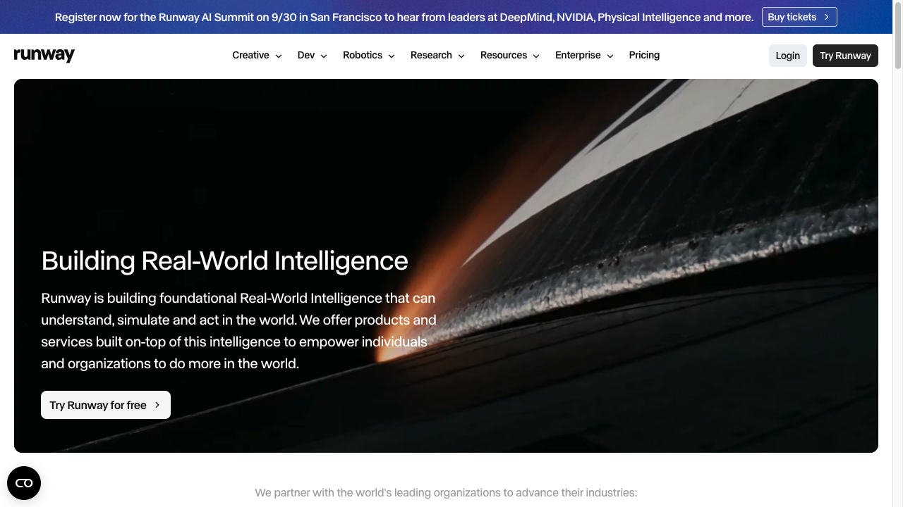 Runway homepage describing real-world intelligence products, with a Try Runway for free call to action