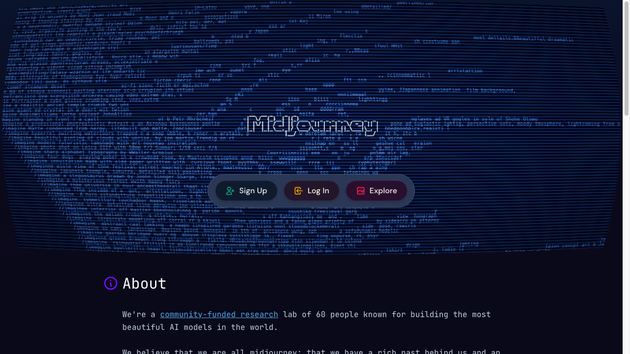 Midjourney marketing homepage with Sign Up, Log In, and Explore over a prompt-cloud background