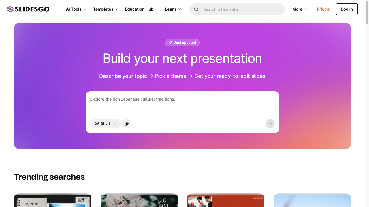Slidesgo homepage with a topic prompt for generating presentation slides and trending template searches