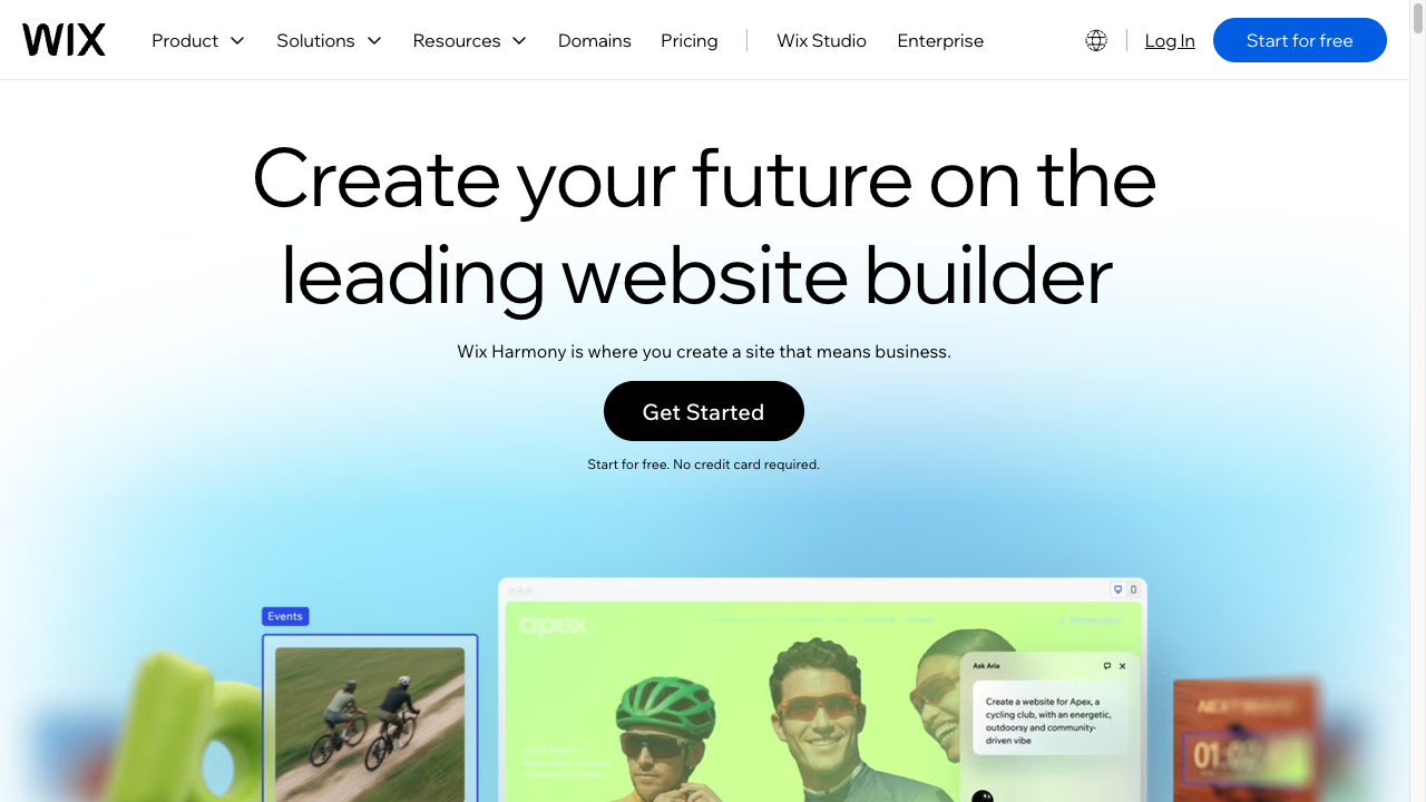 Wix homepage for its website builder, with a Get Started call to action and site-builder preview