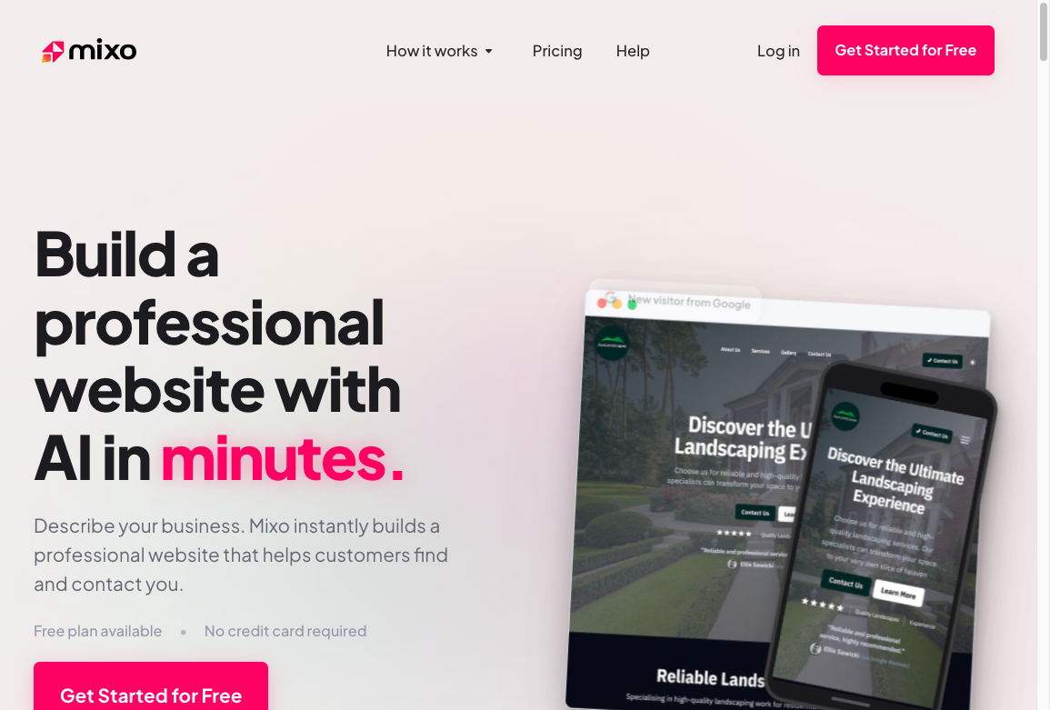 Mixo AI website builder homepage with a generated landscaping site preview on desktop and mobile
