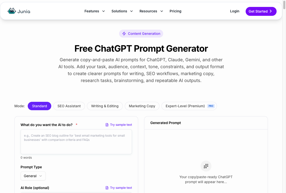 Junia ChatGPT prompt generator with Standard mode, task fields, and an empty generated-prompt pane