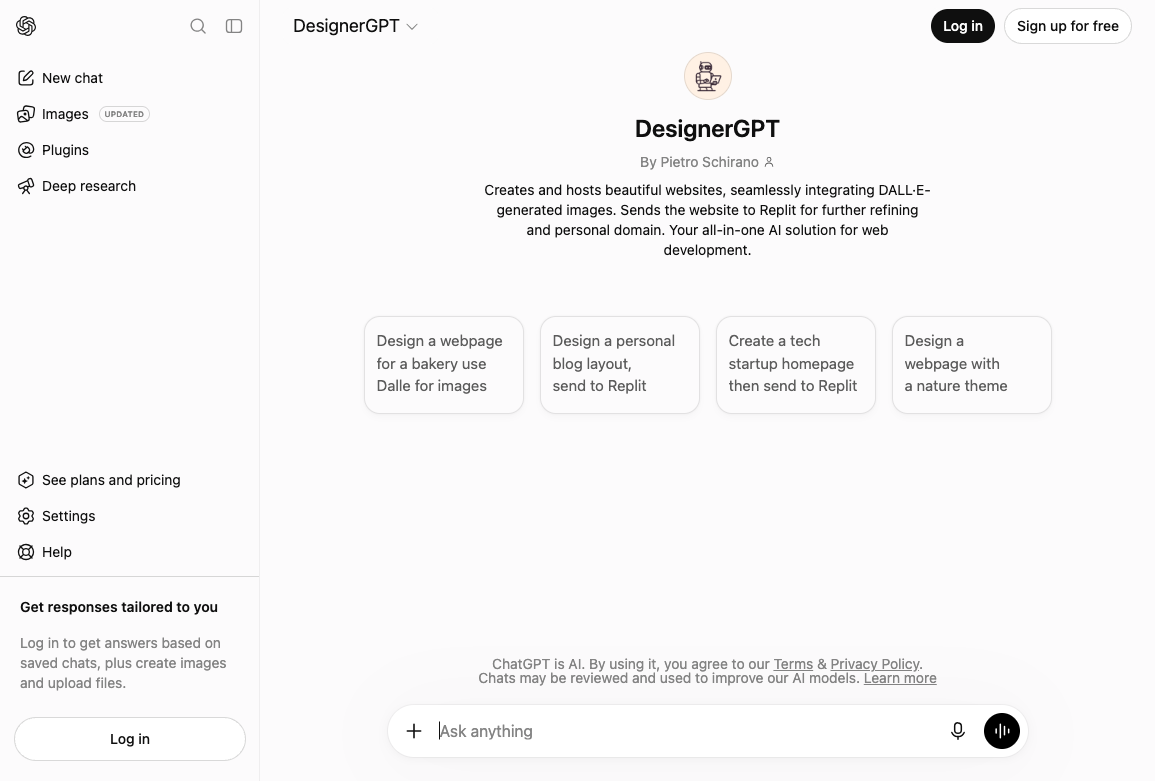 DesignerGPT ChatGPT page with starter prompts for bakery, blog, startup, and nature website layouts