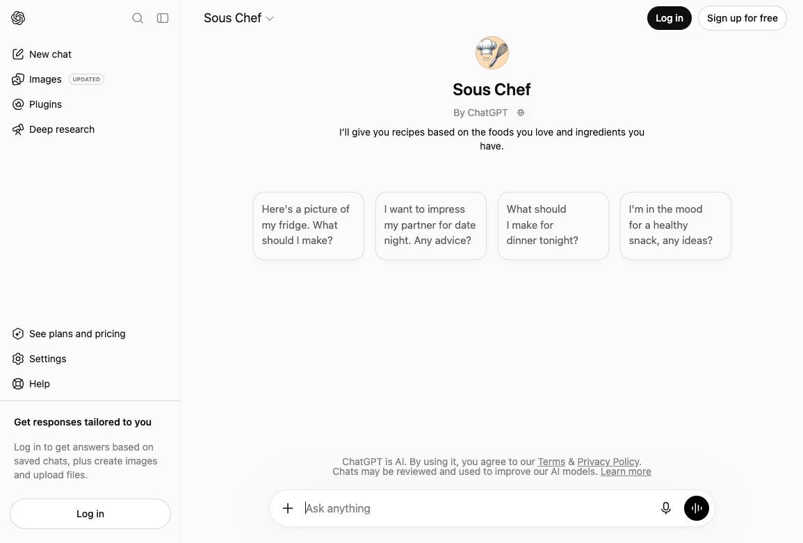 Sous Chef GPT ChatGPT page with recipe starter prompts for fridge photos, date night, dinner, and healthy snacks