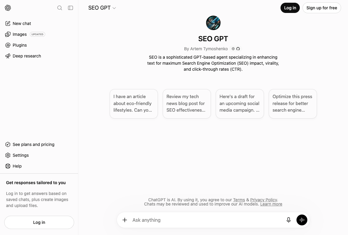 SEO GPT ChatGPT page with starter prompts for eco-friendly articles, tech posts, campaign drafts, and press releases