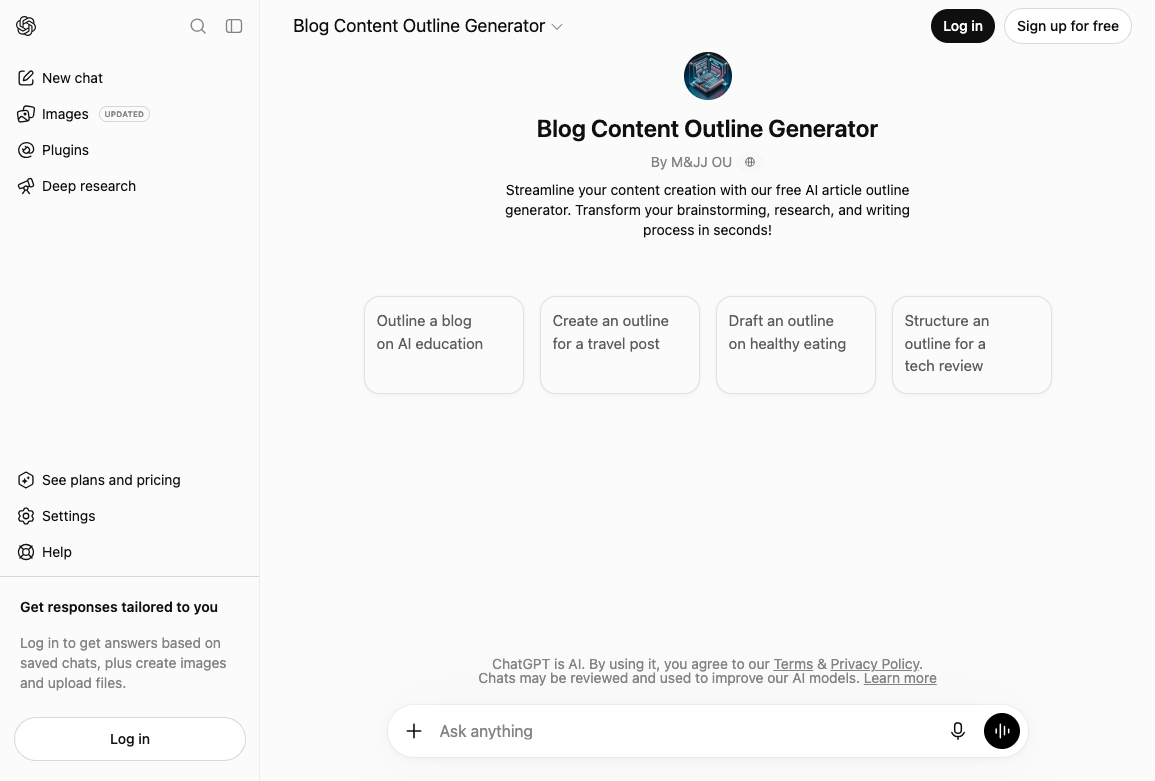 Blog Content Outline Generator GPT page with starter prompts for AI education, travel, healthy eating, and tech review outlines
