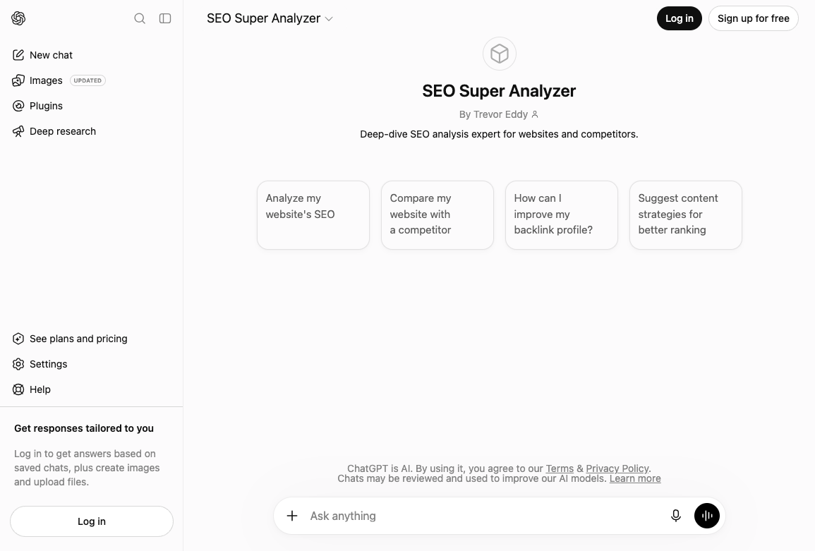 SEO Super Analyzer GPT page with starter prompts to analyze a site, compare a competitor, and review a backlink profile