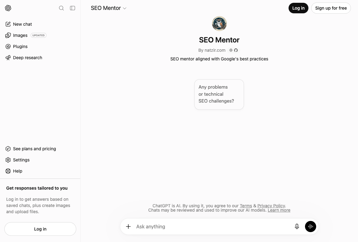 SEO Mentor GPT ChatGPT page with a single starter prompt about technical SEO challenges