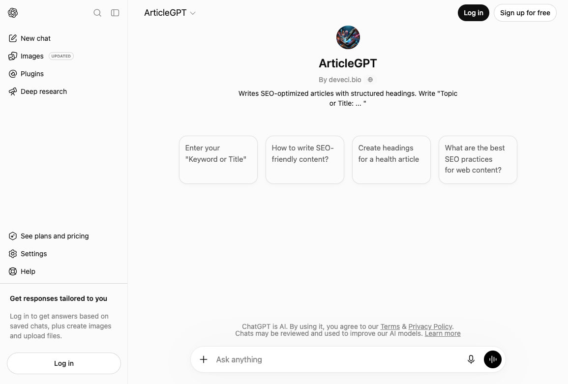 ArticleGPT ChatGPT page with starter prompts for a keyword or title, SEO-friendly content, health headings, and web SEO practices