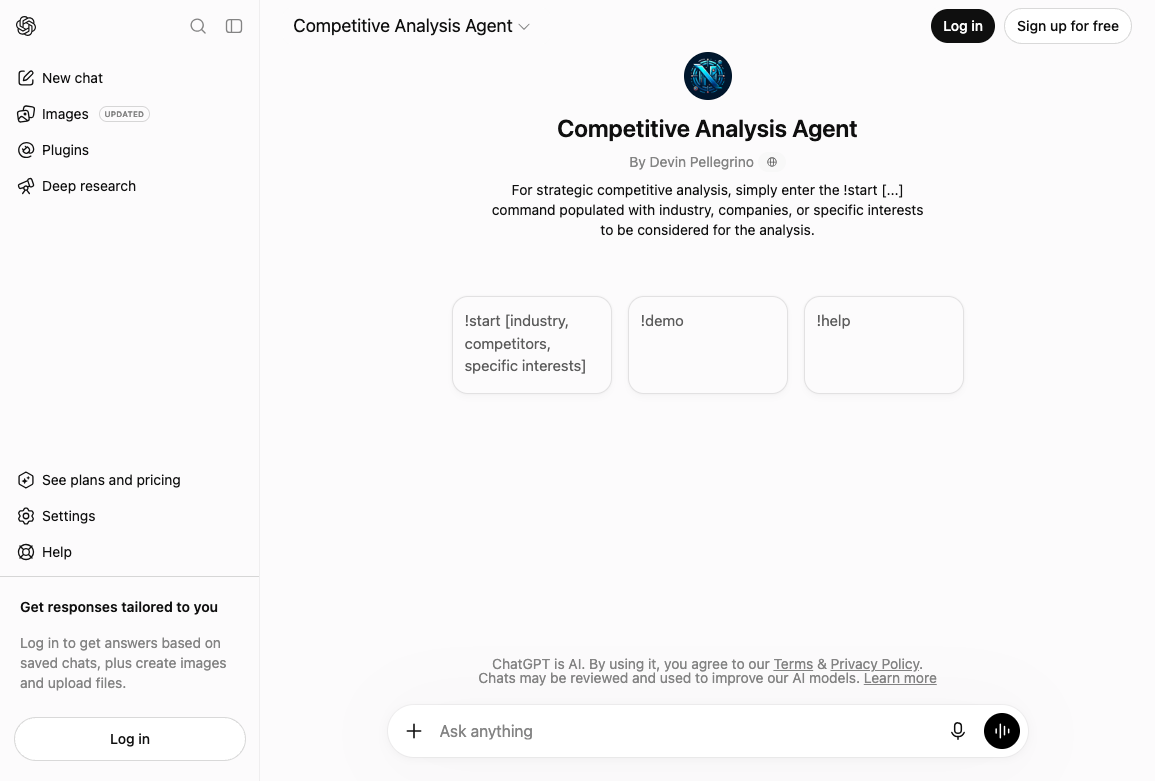Competitive Analysis Agent GPT page with !start, !demo, and !help command starters