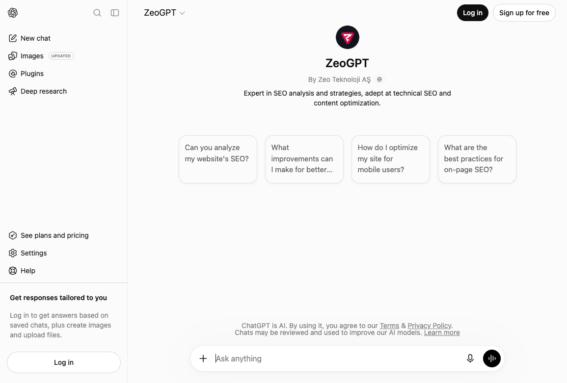ZeoGPT ChatGPT store page, the live listing at the Jarvis GPT URL, with technical SEO starter prompts