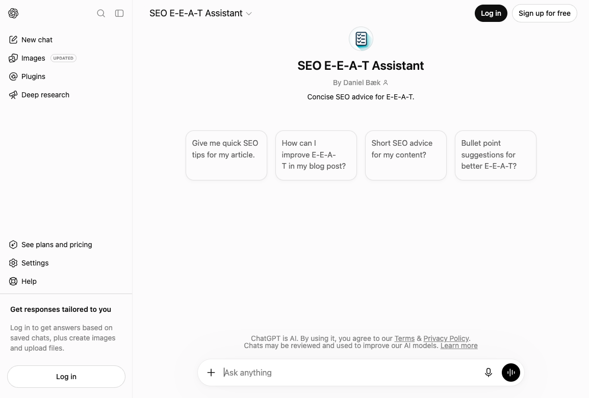 SEO E-E-A-T Assistant GPT page with starter prompts for quick SEO tips, E-E-A-T in a blog post, and bullet-point trust suggestions