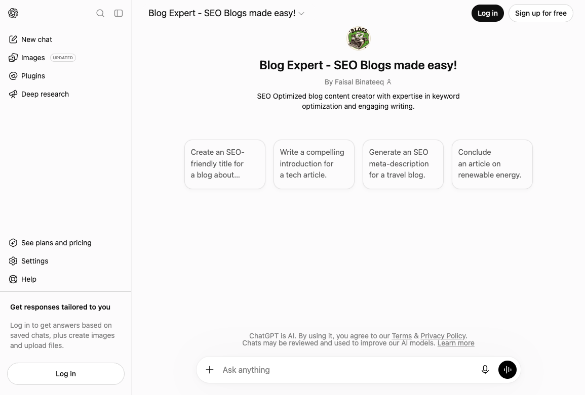 Blog Expert GPT page with starter prompts for SEO titles, introductions, meta descriptions, and article conclusions
