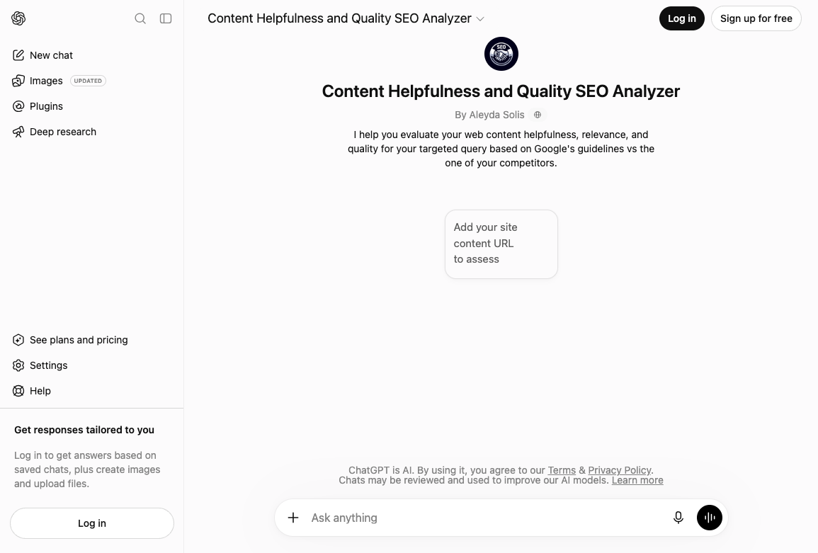 Content Helpfulness and Quality SEO Analyzer GPT page with a starter prompt to assess a site content URL