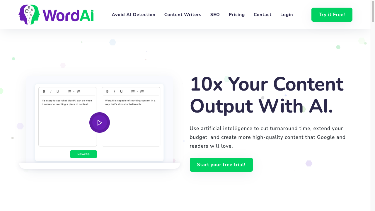 WordAI homepage with a rewrite demo, free-trial CTA, and bulk rewriting positioning
