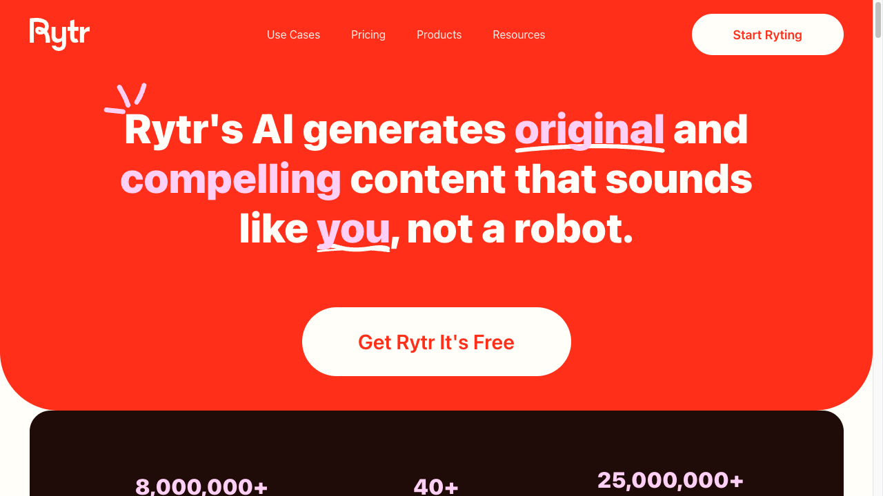 Rytr homepage promising original AI copy that sounds like the writer, with a free signup button