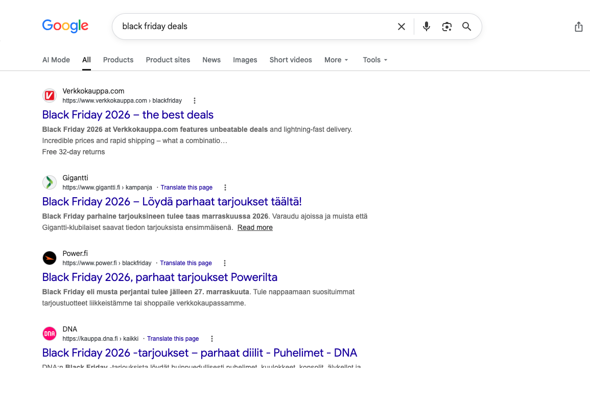 Google search results for Black Friday deals, showing dedicated retailer sale hubs in the organic listings