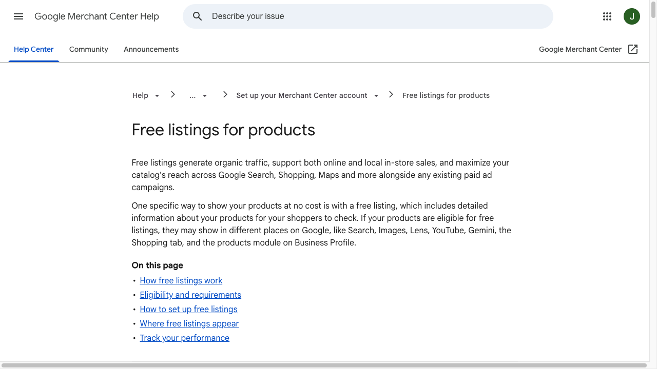 Google Merchant Center documentation on free product listings, including eligibility, setup, and where listings can appear