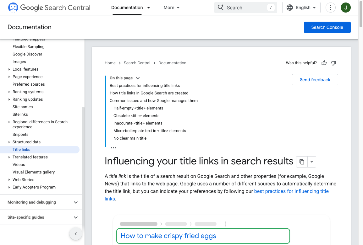 Google Search Central title-link documentation, explaining how search results titles are generated and how they can differ from the page H1