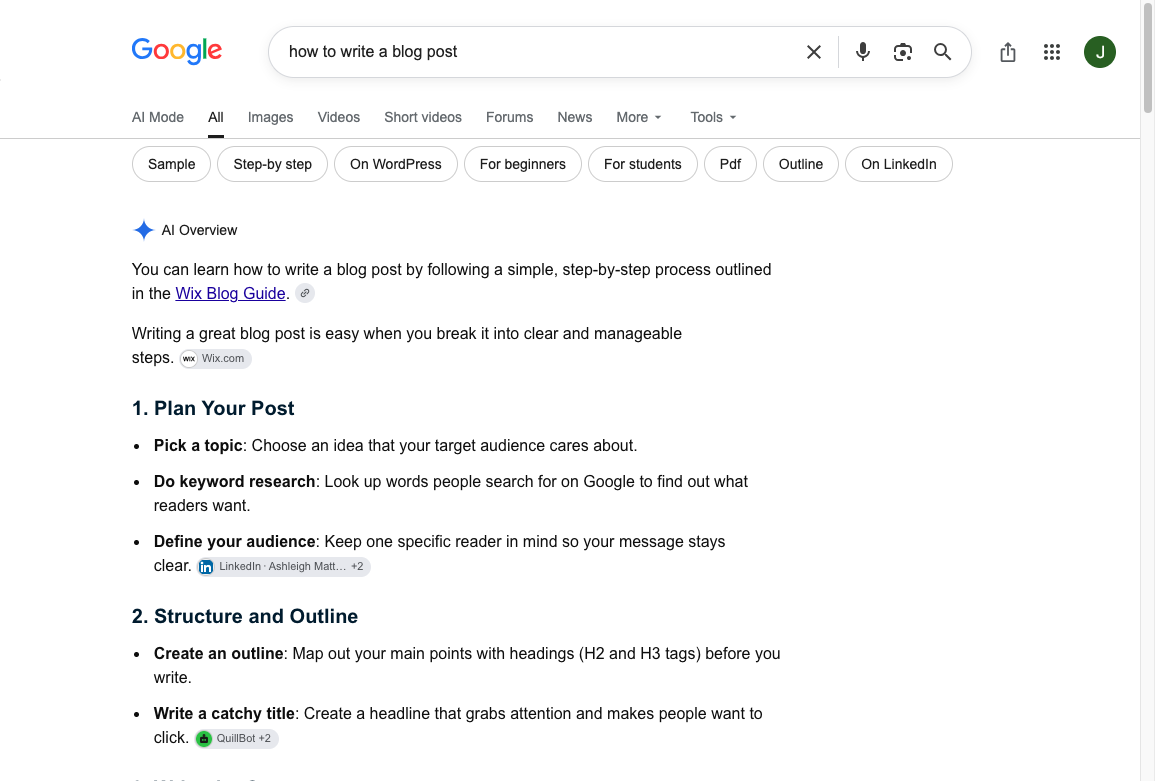 Google results for how to write a blog post, with an AI overview that starts with planning, structure, and outline steps