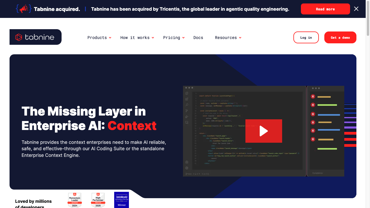 Tabnine homepage positioning the product as an enterprise AI coding platform with a context engine and IDE-style demo