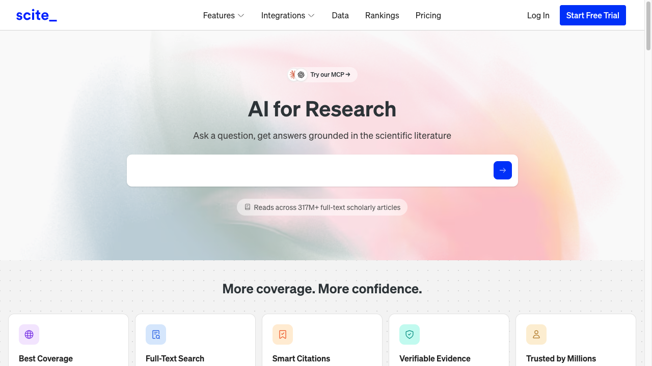 Scite homepage with a literature search box and Smart Citations positioning for grounded research answers